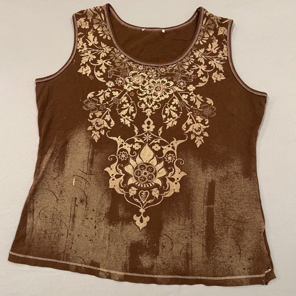 Vintage Y2K Fairy Grunge Brown Graphic Tank Top Gold Foil Embellished Boho